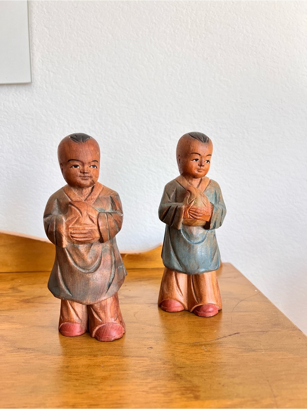 Vintage Chinese Hand Carved Wood Children Figurines Scholar Student Set 6.75"